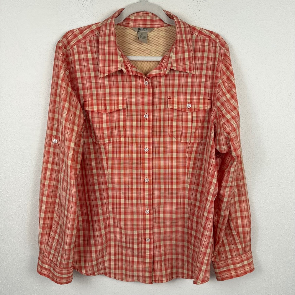 Duluth Trading Co Women XL Plaid Button Down Shirt Red Orange Long Sleeve Vented